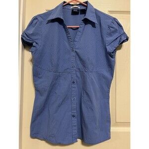 DCC Blue White Striped Puff Sleeve Button Up Stretch Shirt Top Women's Large y2k